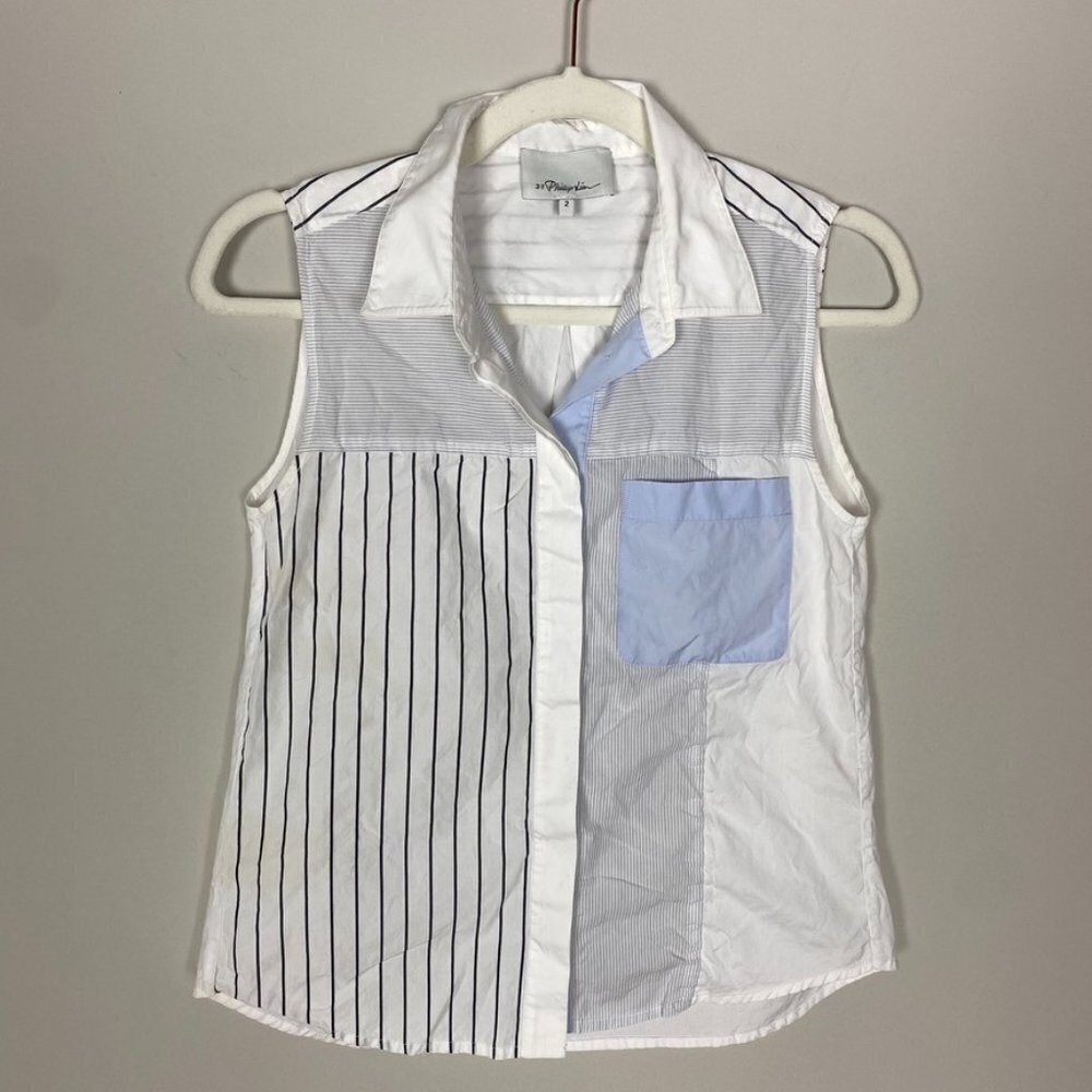 3.1 Phillip Lim Patchwork Button Pocket Blouse Sleeveless Tank Top Collared